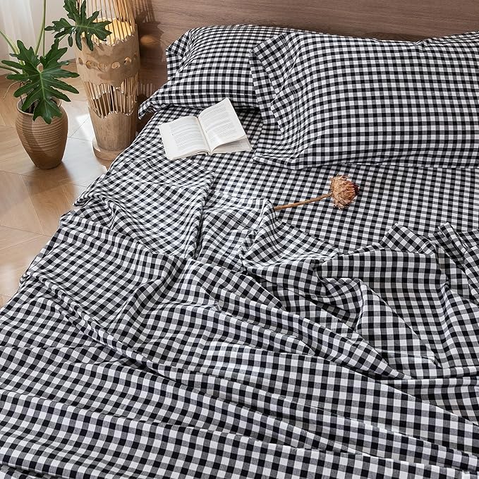 MooMee Gingham Sheet Set 100% Washed Cotton Linen Like Textured Breathable Soft w/ Fully Elasticized 16-19" Deep Pocket (Classic Gingham Black White, King)