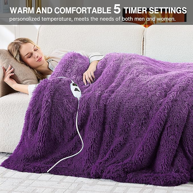 Heated Electric Blanket Twin,Warm Winter Birthday Gifts for Women Her Grandma–Faux Fur with Soft Sherpa,10 Heat Settings,5 Time Settings with Fast Heating, 62x84, Mystic Purple