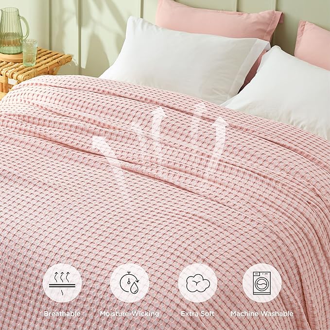 Bedsure Cooling Cotton Waffle King Size Blanket - Lightweight Breathable Blanket of Rayon Derived from Bamboo for Hot Sleepers, Luxury Throws for Bed, Couch and Sofa, Pink, 104x90 Inches