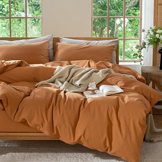 MooMee Bedding Duvet Cover Set 100% Washed Cotton Linen Like Textured Breathable Durable Soft Comfy (Solid Burnt Orange, Twin 68"x90")