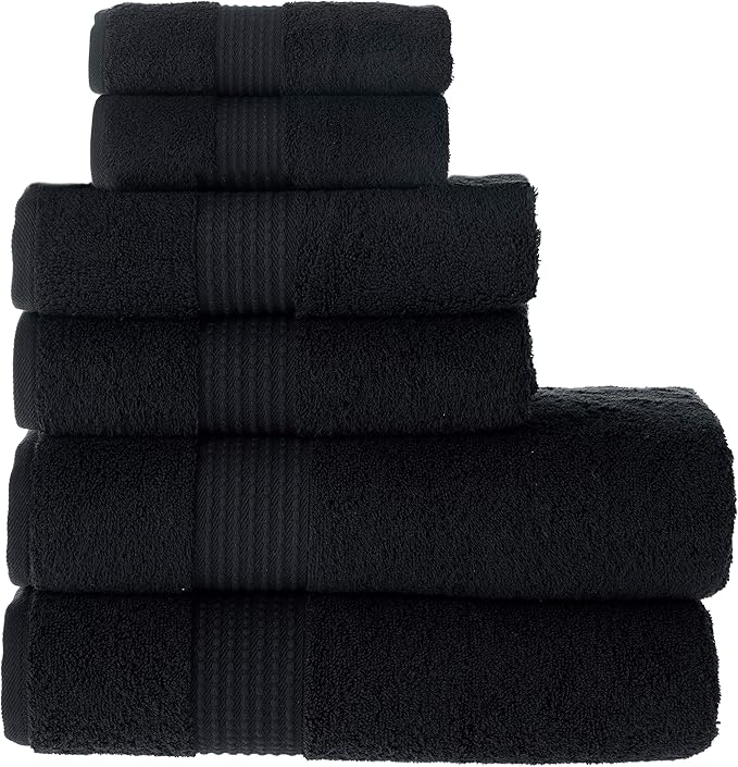 MAURA Basics Bath Towel Sets for Bathroom with Hanging Hook Loops. 2 Bath Towels, 2 Hand Towels, 2 Washcloths, Soft, Durable, Long Lasting and Absorbent Towels Set, Black