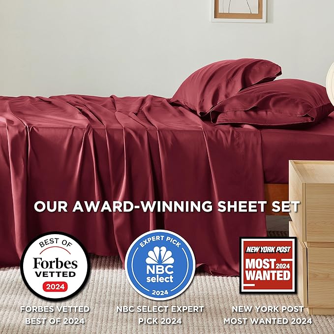 Bedsure California King Sheet Sets, Cooling Sheets, Rayon Derived from Bamboo, Breathable & Soft, Deep Pocket Up to 16 Inches, Hotel Luxury Silky Bedding for Hot Sleepers, Burgundy