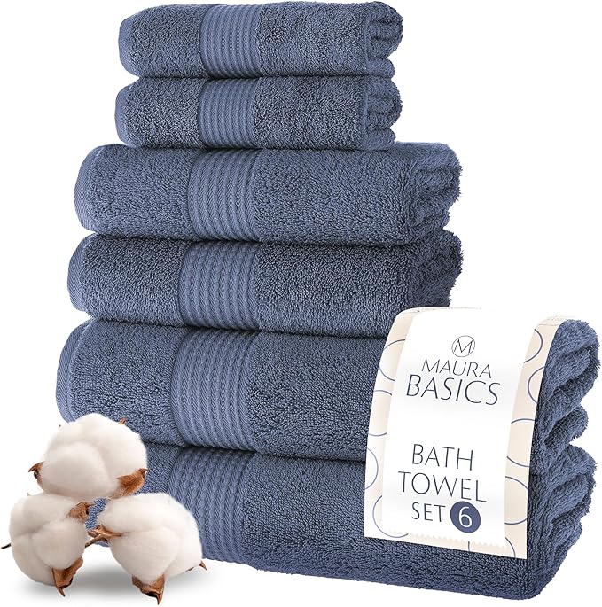 MAURA Basics Bath Towel Sets for Bathroom with Hanging Hook Loops. 2 Bath Towels, 2 Hand Towels, 2 Washcloths, Soft, Durable, Long Lasting and Absorbent Towels Set, Denim Blue