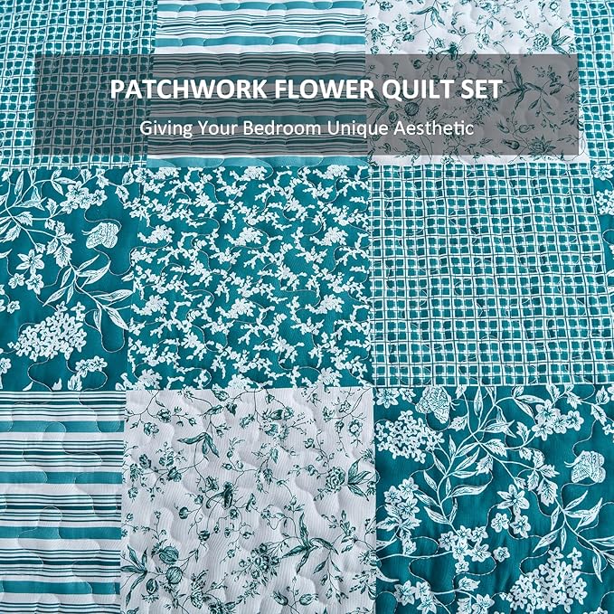 Mybedsoul Teal Blue Quilt Set King Size 3 Pieces Boho Plaid Turquoise Floral Bedspread Set Microfiber Lightweight Bohemian Bedding Bedspread Coverlet Set for All Season 90"x104"