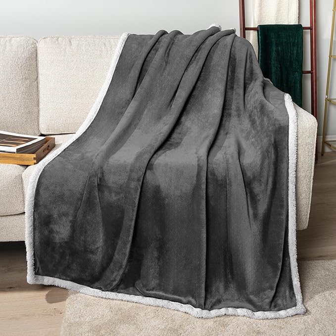 Pavilia Sherpa Fleece Blanket for Bed, Queen Size, Dark Grey, Plush Soft Fuzzy, Cozy Reversible Winter Blanket for Women & Men, 90x90 Inches
