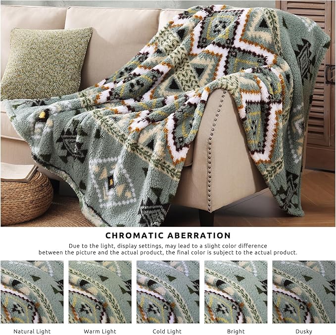 CASAAGUSTO Boho Sherpa Throw Blanket, Aztec,Ultra Soft, Warm, Cozy, Plush, Thick Fleece Throw Blanket for Couch, Bed, Sofa (Olive Green 50 * 60 Inch)
