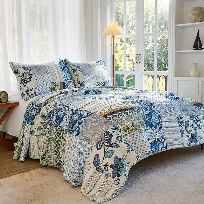 Secgo Queen Comforter Set for Bed - 100% Cotton Quilts Queen Size, Green, Sage Bedspreads (90 * 98 Inch) with 2 Pillow Shams, Patchwork Reversible Lightweight Bedding