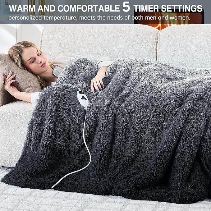 Heated Electric Blanket Throw–Faux Fur with Soft Thick Sherpa,Warm Winter Birthday Gifts for Women Grandma，10 Heat Settings,5 Time Settings with Fast Heating, 50x60, Foggy Dusk