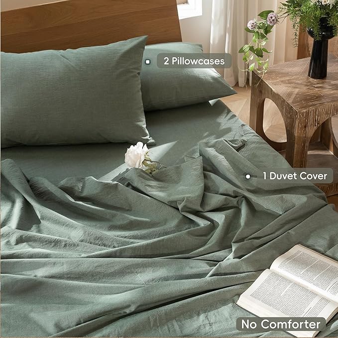 MooMee Bedding Duvet Cover Set 100% Washed Cotton Linen Like Textured Breathable Durable Soft Comfy (Heathered Green, King 104"x90")
