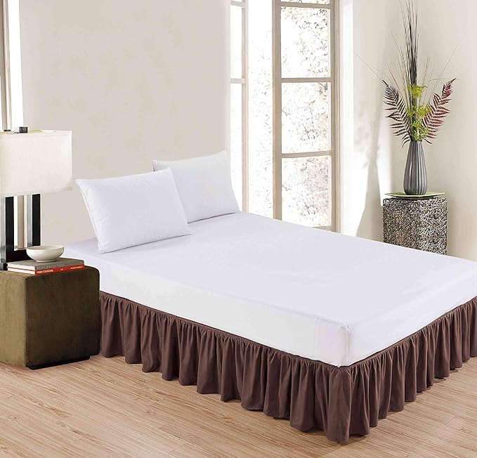 Sheets & Beyond Wrap Around Solid Microfiber Luxury Hotel Quality Fabric Bedroom Gathered Ruffled Bedding Bed Skirt 14 Inch Drop (Queen, Brown)