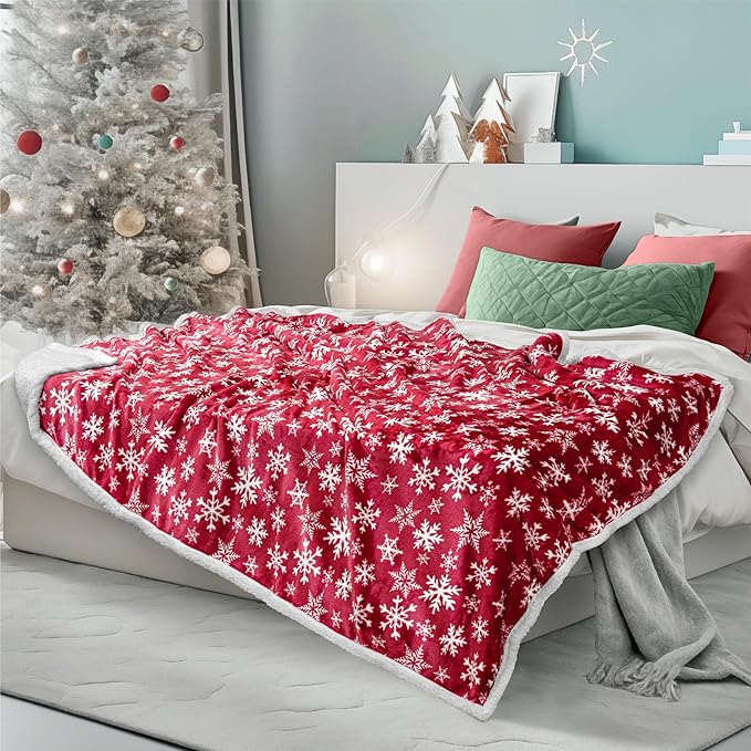 PAVILIA Premium Christmas Sherpa Throw Blanket | Red Snowflake Decoration, Fleece, Plush, Warm, Cozy Reversible Microfiber Holiday Blanket 50 x 60