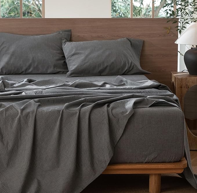 MooMee Bedding Sheet Set 100% Washed Cotton Linen Like Textured Breathable Durable Soft Comfy (Heathered Dark Grey, Queen)