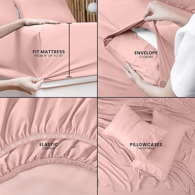 Utopia Bedding Queen Sheet Set – 4 Piece Bed Sheets for Queen Size Bed, Soft and Breathable Microfiber, Includes 1 Fitted Sheet, 1 Flat Sheet and 2 Pillowcases (Tea Pink)