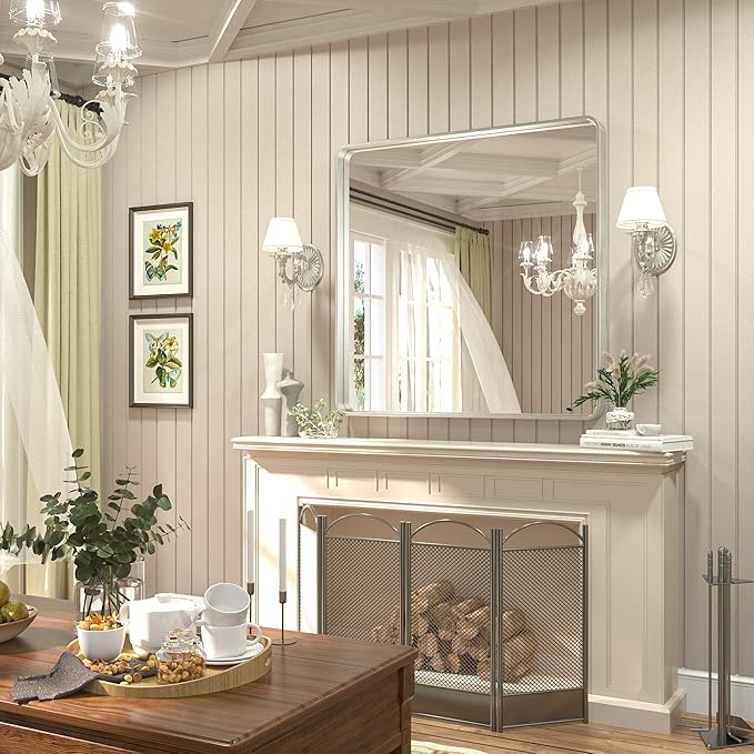 TETOTE Silver Bathroom Mirror, 36 x 36 Inch Wall Mounted Square Brushed Nickel Metal Framed Modern Farmhouse Decorative Vanity Mirror for Living Room Entryway
