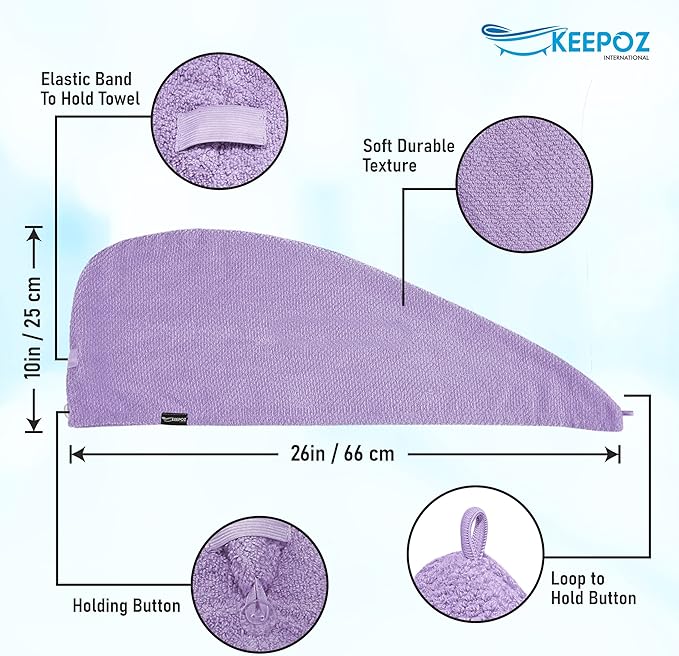 KEEPOZ Hair Towel Wrap Quick Dry 100% Cotton Super Absorbent Turban Head Wrap for Women with Button, Non Microfiber Anti Frizz Products, Hair Cap for Curly, Long (Lilac Pink Check, 2 Pcs)