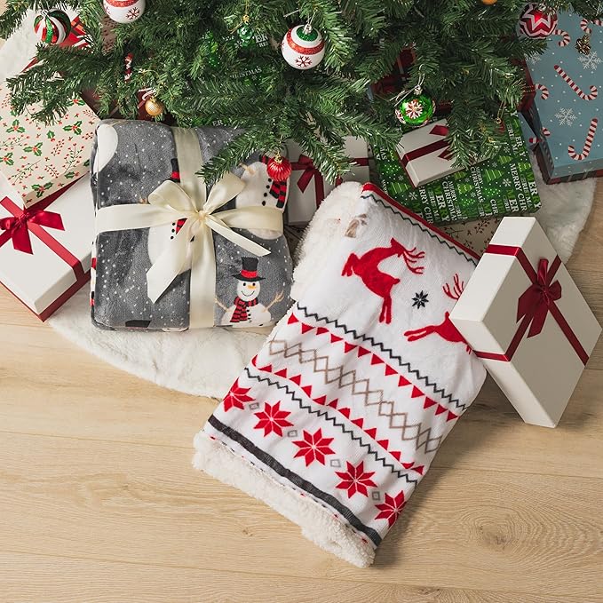PAVILIA Premium Christmas Sherpa Throw Blanket | Christmas Decoration Gift, Fleece, Plush, Warm, Cozy Reversible Microfiber Holiday Blanket | White Reindeer - 50x60