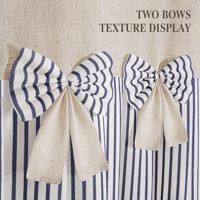 Farmhouse Shower Curtain Linen Bow Woven Fabric Country Rustic Western, Pleated Grey Stripe 72" W x 84" L
