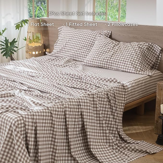 MooMee Gingham Sheet Set 100% Washed Cotton Linen Like Textured Breathable Soft w/Fully Elasticized 16-19" Deep Pocket (Classic Gingham Brown, Queen)