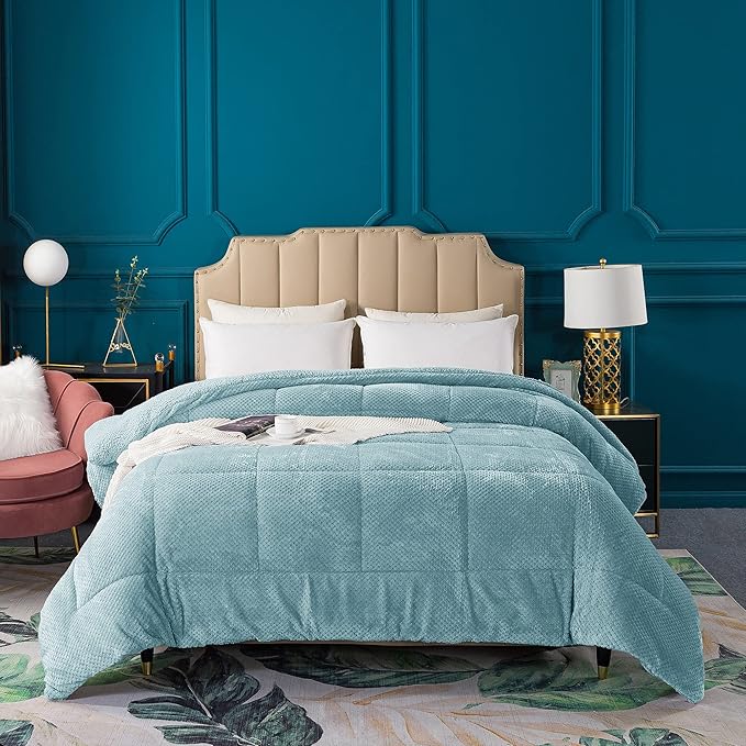 KASENTEX Super Ultra Soft Luxury Plush Sherpa Comforter Queen Size, Cozy Reversible Faux Fur Machine Washable Bedding, Cloud Blue