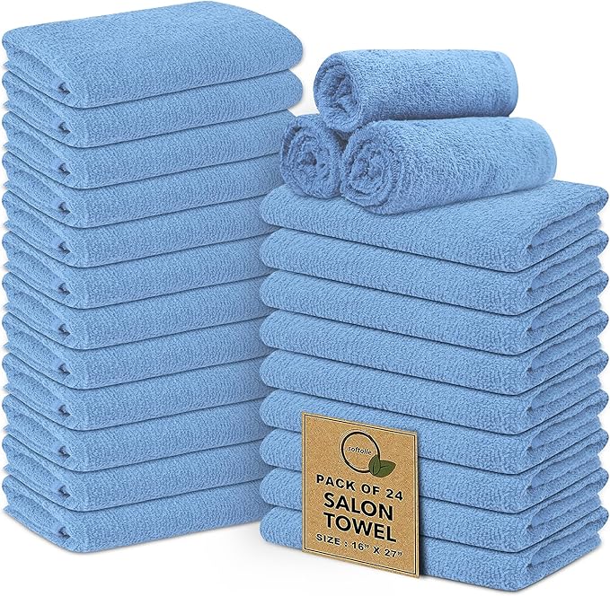 Softolle Salon Towels – Pack of 24 (16"x27") 100% Cotton Ring Spun (Not Bleach Proof) Ultra Soft, Highly Absorbent Hand Towels – Bulk for Spa, Gym & Salon (Electric Blue)