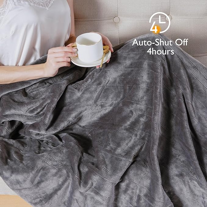 SUNVIVI Heated Throw, Electric Blanket Throw 50" x 60", Double-Layer Flannel with 4 Heating Settings, 4 Hours Auto Off, 5 Years Warranty, ETL Certified, Machine Washable, Grey