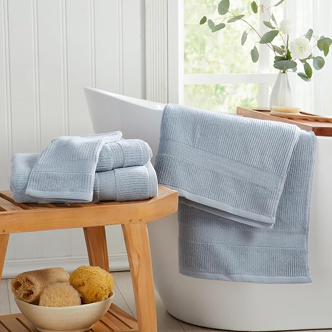 Springtree Home Blue Bath Towels Set of 4 | Ribbed Textured | 100% Combed Cotton | Absorbent Quick-Dry Towels for Bathroom | Oeko-TEX® Standard 100 Cotton | Mauro Collection - Blue Fog