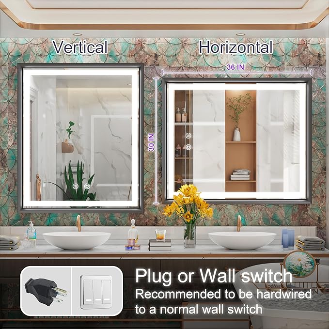 30x36 Inch LED Mirror for Bathroom, 3 Color Temperatures (3000K/4500K/6000K), Anti-Fog, Dimmable Lights, Memory Function, Matte Black Aluminum Frame