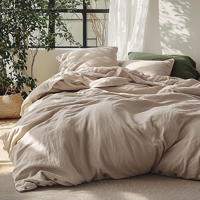 Bedsure Linen Duvet Cover Queen Size - Linen Cotton Blend Bedding Set, Soft & Cozy, 3 Pieces, 1 Duvet Cover 90x90 Inches and 2 Pillowcases, Warm Tan Color Cooling Bedding, Comforter Sold Separately