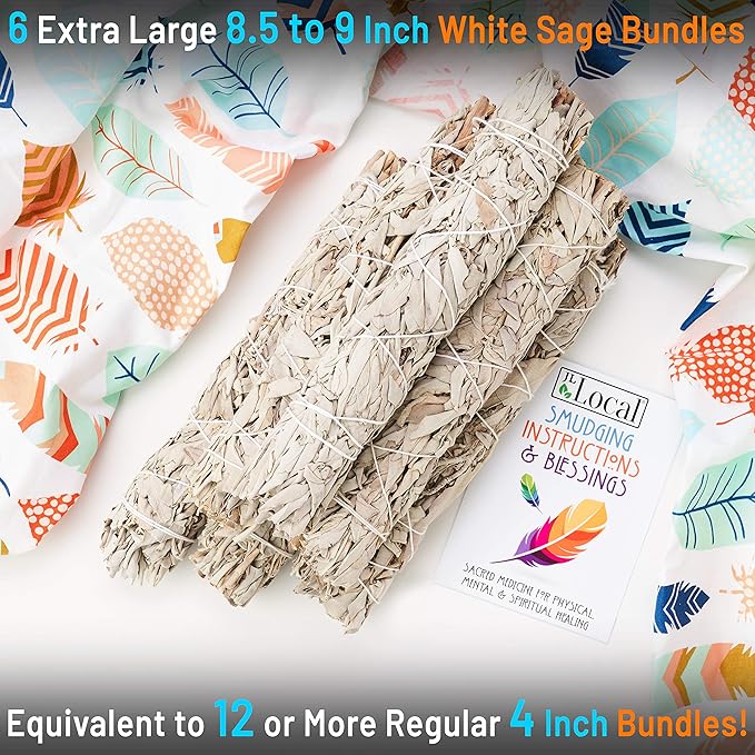 JL Local Wanderlust 9” White Sage Smudge Stick - Extra Large Smudging Wand Incense Stick for Cleansing, Purifying, Healing, Meditation, Yoga, Blessing (6 Pack)