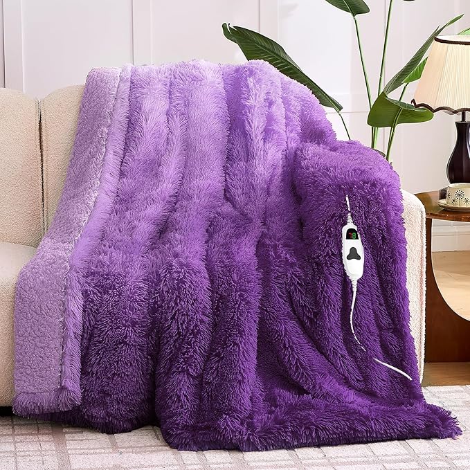 Heated Electric Blanket Twin,Warm Winter Birthday Gifts for Women Her Grandma–Faux Fur with Soft Sherpa,10 Heat Settings,5 Time Settings with Fast Heating, 62x84, Mystic Purple