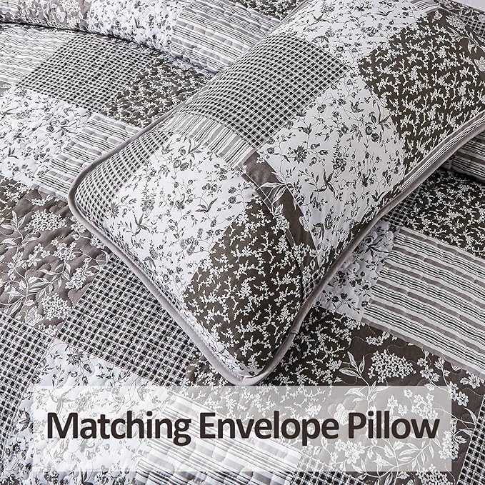 Mybedsoul Grey Boho Quilt Set King Size,3 Pieces Plaid Floral Bedspread Coverlet Set for All Season,Patchwork Reversible Bedding Set King 90"x104"