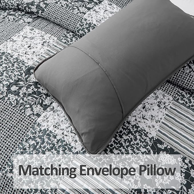 Mybedsoul Black Grey Boho Quilt Set King Size,3 Pieces Plaid Floral Bedspread Coverlet Set for All Season,Patchwork Reversible Bedding Set King 90"x104"