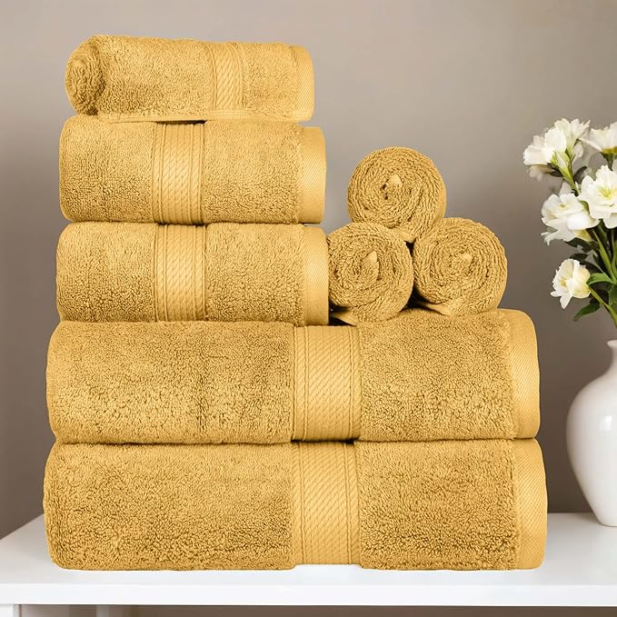 Superior Egyptian Cotton Pile 8-Piece Towel Set, Includes 2 Bath, 2 Hand, 4 Face Towel/Washcloth, Heavyweight, Ultra Soft Luxury Towels, Thick Plush Essentials, Guest Bath, Spa, Hotel Bathroom, Gold