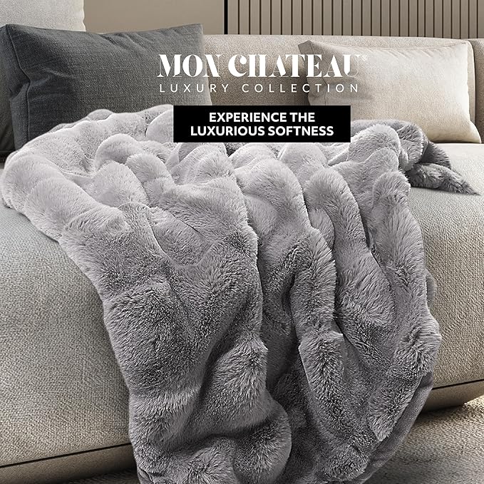 Mon Chateau 60" x 70" Hearthside Faux Fur Throw Blanket, Reversible Soft Blanket for Queen-Size Bed, Couch, or Sofa, Cozy Home Decor and Stylish Living Room Comfort, Fog Stone