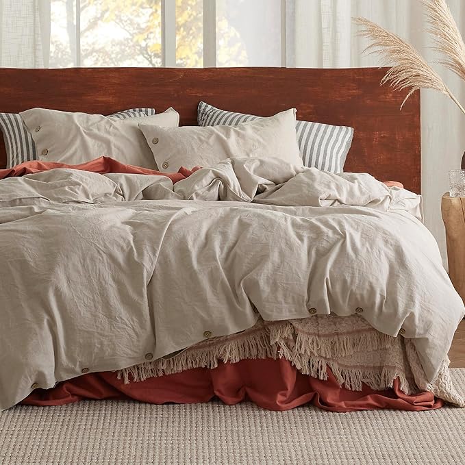 Bedsure Linen Duvet Cover Queen Size - Linen Cotton Blend Bedding Set, Soft & Cozy, 3 Pieces, 1 Duvet Cover 90x90 Inches and 2 Pillowcases, Natural Color Cooling Bedding, Comforter Sold Separately