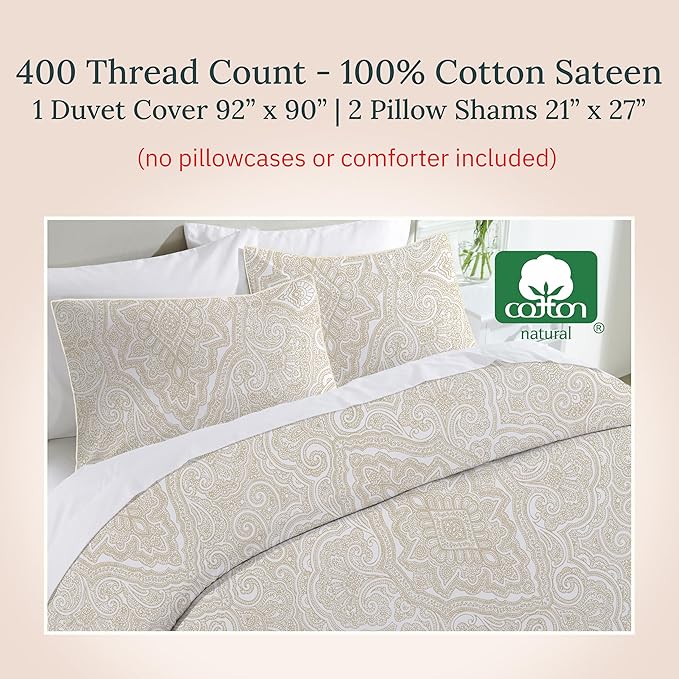 California Design Den Full/Queen Size Duvet Cover Set, 400 Thread Count 100% Cotton, Sateen Comforter Cover & 2 Pillow Shams Bedding Queen Size Set, Button Closure, Corner Ties (Paisley Beige)
