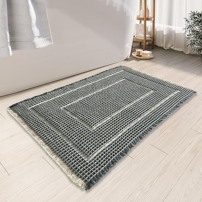 Bath Mats,Upgraded Waffle Super Absorbent Bath Mat,Bathroom Rugs Non Slip Washable, Quick Dry Shower Mats, Ultra Soft Bath Mats for Bath Floor,Bluish Grey & Yellow,24"*36"