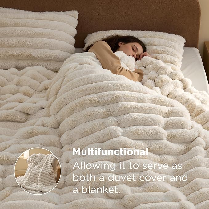 Bedsure Faux Fur Duvet Cover Queen Size - Beige Fluffy Duvet Cover Set, Soft and Cozy Shaggy Bedding Comforter Cover, Winter Warm Luxury Fuzzy Bed Set 3 Pieces, 1 Queen Duvet Cover and 2 Pillowcases