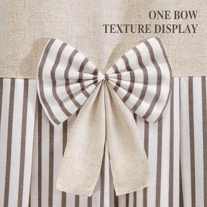 Farmhouse Shower Curtain Linen Beige Bow Woven Fabric Country Rustic Western, Pleated Brown Stripe 72" W x 72" L