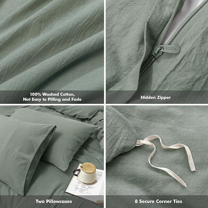 FOSSA Duvet Cover Set 100% Washed Cotton Linen Feel Super Soft Breathable Cozy Simple Style 3 Pieces Bedding Sets Solid Heathered Green Super King Plus