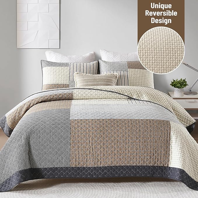 Real-Patchwork Plaid King Quilt - 100% Cotton Farmhouse Beige Brown Gray King Size Quilts Bedspread, Lightweight Reversible Quilted Coverlet Bedding Set for All Season, 3-Piece(98"x106")