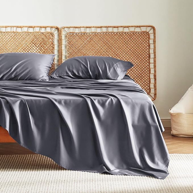 Bedsure Queen Sheet Set, Cooling Sheets for Queen Size Bed Set, Rayon Derived from Bamboo, Breathable & Soft, Deep Pocket Up to 16", Hotel Luxury Silky Bedding for Hot Sleepers, Dark Grey