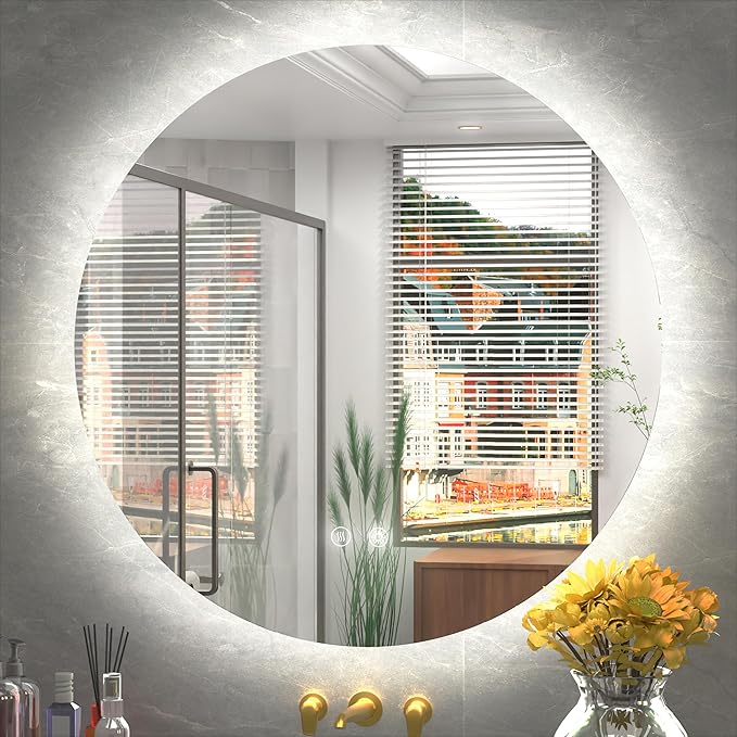36 Inch Frameless Round LED Bathroom Mirror with Lights, 3 Color Temperatures (3000K/4500K/6000K), Anti-Fog, Dimmable Backlit, Round Vanity Mirror with Lights Wall Mounted