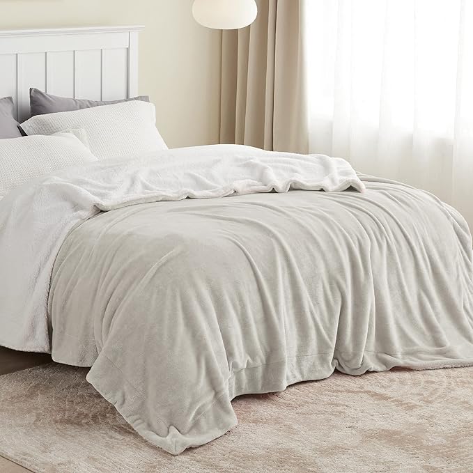 Bedsure GentleSoft Sherpa Fleece Blankets King Size for Bed - Thick and Warm Throw for Women and Men, Soft Fuzzy Plush King Blanket for Winter, Linen, 108x90 Inches