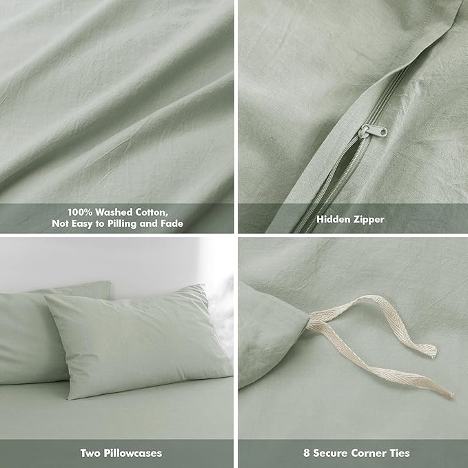 FOSSA Duvet Cover Set 100% Washed Cotton Linen Feel Super Soft Breathable Cozy 3 Pieces Bedding Sets Solid Sage Green Oversized Queen
