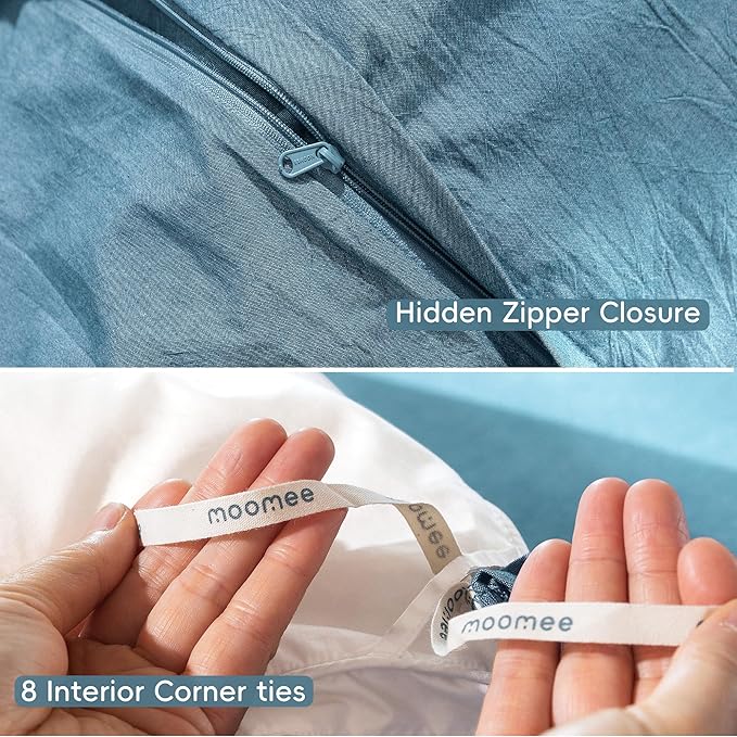 MooMee Bedding Duvet Cover Set 100% Washed Cotton Linen Like Textured Breathable Durable Soft Comfy (Heathered Peacock Blue, Full 80"x90")