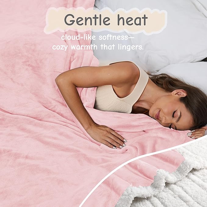 Electric Heated Blanket Throw Size 50"x60", Soft Flannel with Overheat Protection, 6 Adjustable Heat Settings & 3-Hour Auto-Off Timer, Fast Heating for Winter Comfort, Pink