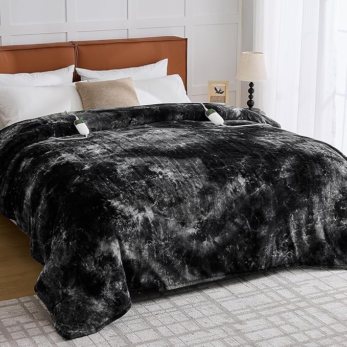 greenoak Heated Electric Blanket Queen, Faux Fur Sherpa Heating Blanket for Sofa Bed, Warm Winter Gifts for Women/Men, Heater Lap Blankets 5-Position Timer &10 Heating Levels 84''*90" Black