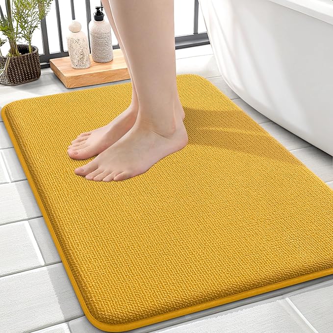 OLANLY Thick Memory Foam Bath Mat Rug 24x16, Extra Soft Absorbent Bathroom Rug, Quick Dry Bath Mats, Non-Slip, Machine Washable Carpet for Floor, Tub and Shower, Home Decor Accessories, Golden Yellow