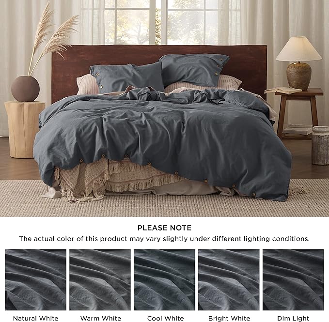 Bedsure Linen Duvet Cover Queen - Linen Cotton Blend Bedding Set, Soft & Cozy, 3 Pieces, 1 Duvet Cover 90x90 Inches and 2 Pillowcases, Charcoal Grey Color Cooling Bedding, Comforter Sold Separately